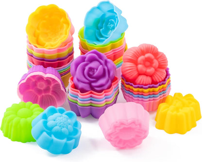 R HORSE 42Pcs Silicone Molds Cupcake 2 Inch Mini Size Reusable Muffins Liners Washable Non-Stick Donut Wrapper Mold Flower Shapes Baking Cups for Pan Oven Microwave Dishwasher