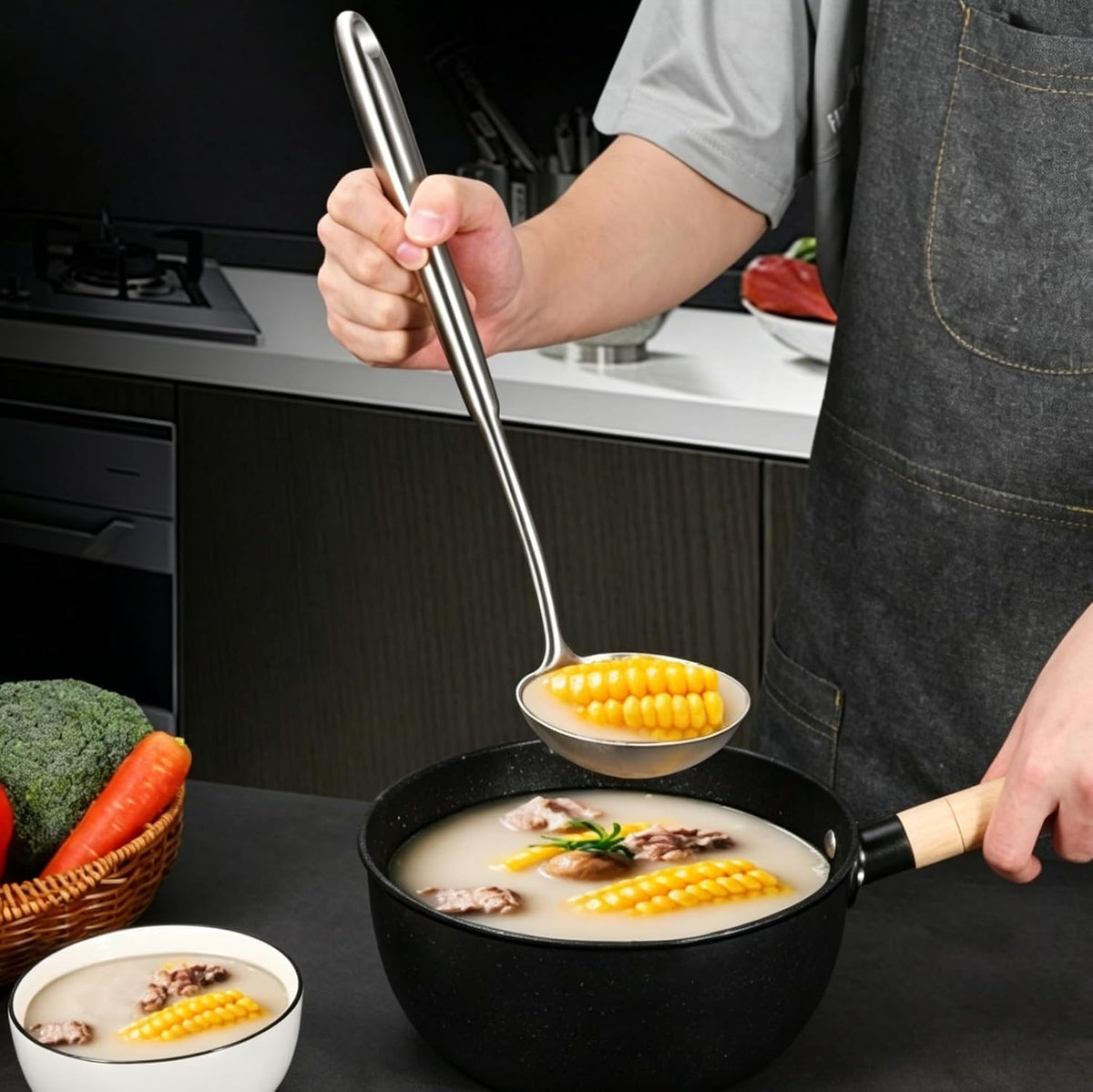 304 Stainless Steel Soup Ladle, Large Ladle with Long Hollow Handle, for Cooking, Stirring, Soup, Sauce, Dishwasher Safe (1, Soup Ladle)