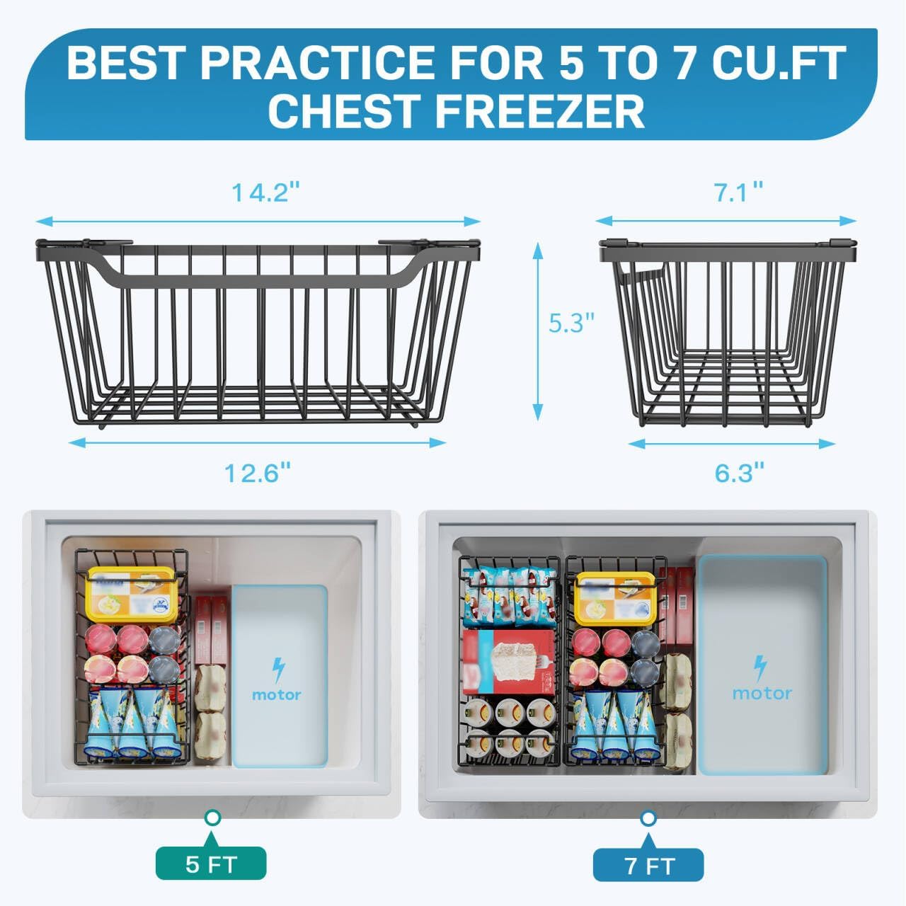 SUNALLY Freezer Organizer Bins, 4 Pack Chest Freezer Organizer Stackable for 5-7 Cu.FT Deep Freezer Sort Frozen Meats and Food, Freezer Storage Baskets with Handles Easy Reach from Bottom, White