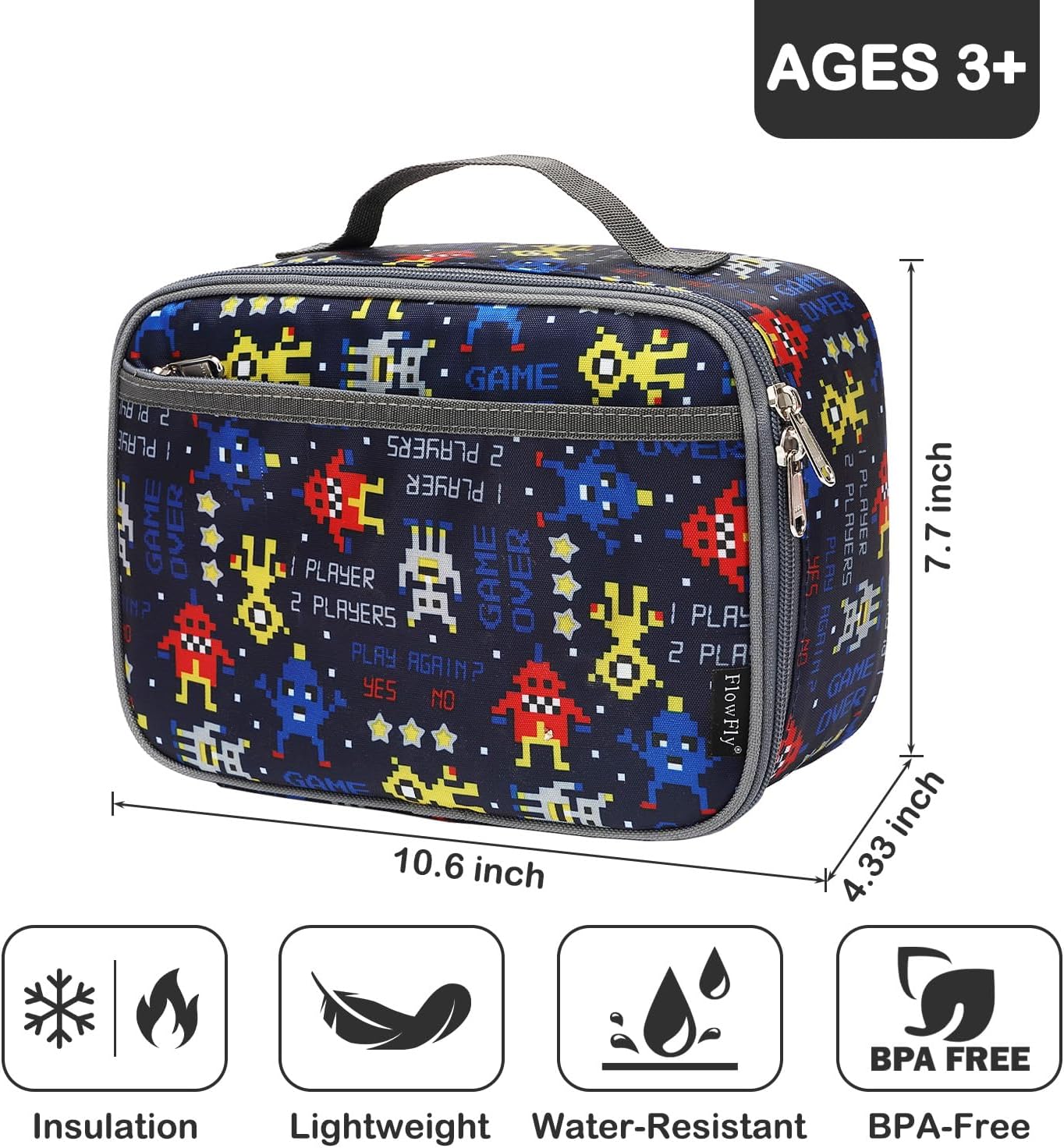 FlowFly Kids Lunch box Insulated Soft Bag Mini Cooler Back to School Thermal Meal Tote Kit for Girls, Boys, Black