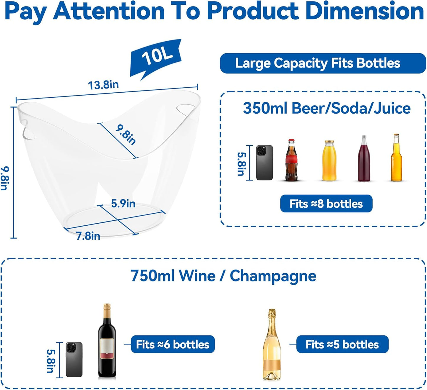 15L & 10L Large Ice Buckets for Parties, 2 Pcs Clear Acrylic Champagne Wine Buckets Durable Plastic Beverage Tub with Scoop and Drip Mat for Party, Cocktail Bar, Mimosa Bar(4 & 2.7 Gallon)