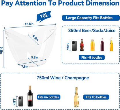 15L & 10L Large Ice Buckets for Parties, 2 Pcs Clear Acrylic Champagne Wine Buckets Durable Plastic Beverage Tub with Scoop and Drip Mat for Party, Cocktail Bar, Mimosa Bar(4 & 2.7 Gallon)
