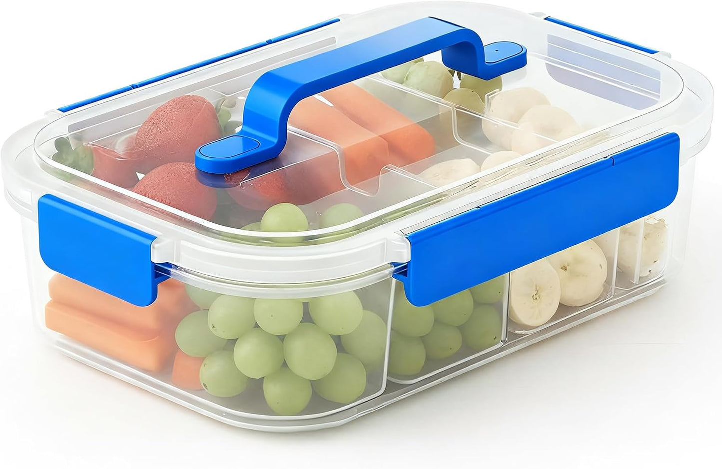 Li & Zhao Snackle Box Container - 4-Compartment Divided Snack Serving Tray with Silicone Handle, Perfect for Picnics, Leak-Proof, and Dishwasher-Safe Dressing Containers(Blue)