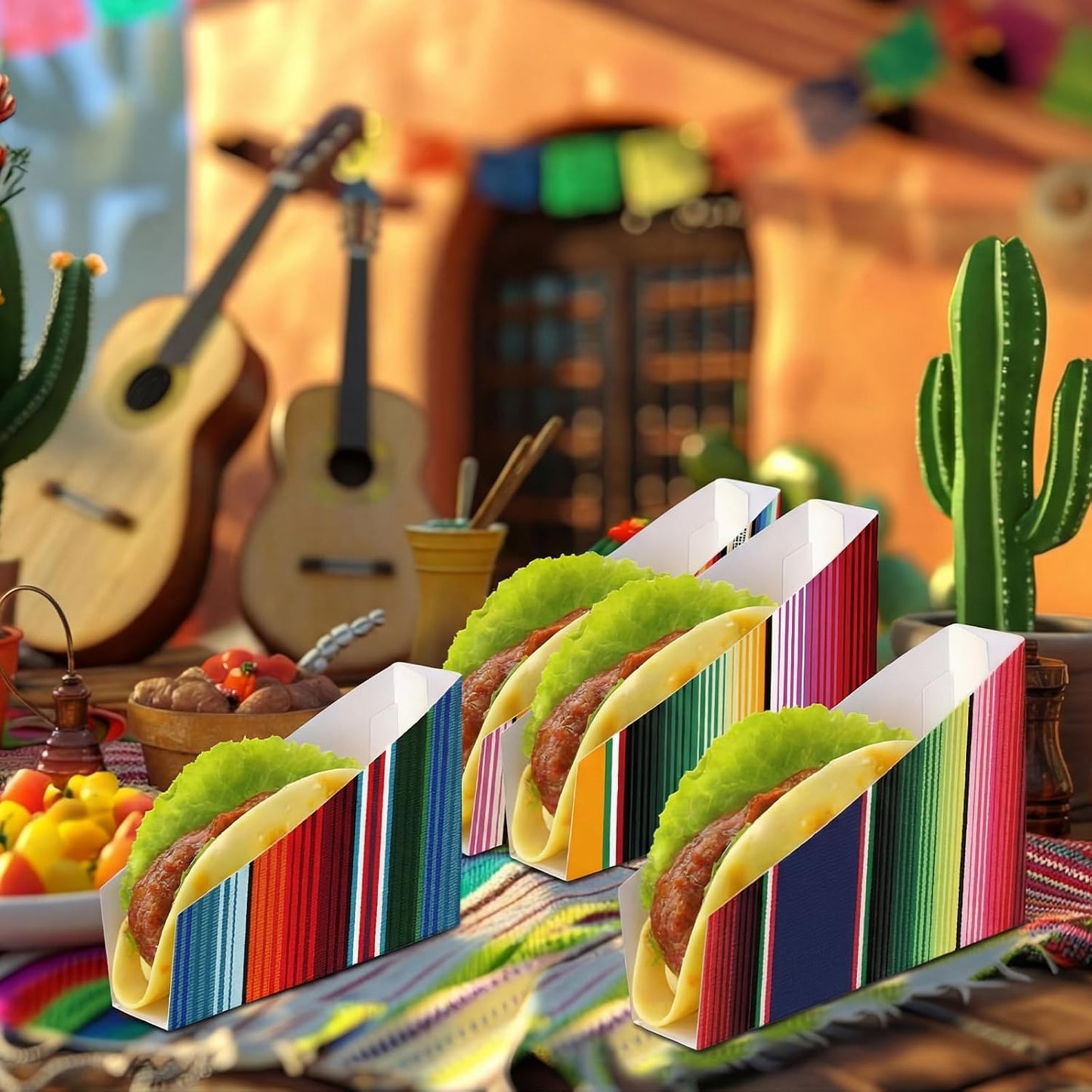 LemonRoad 48 PCS Paper Mexican Taco Holder Disposable Fiesta Taco Shell Holder for Cinco de Mayo Party Bar Serving Set, Fiesta Party Supplies Decorations(Stripe)
