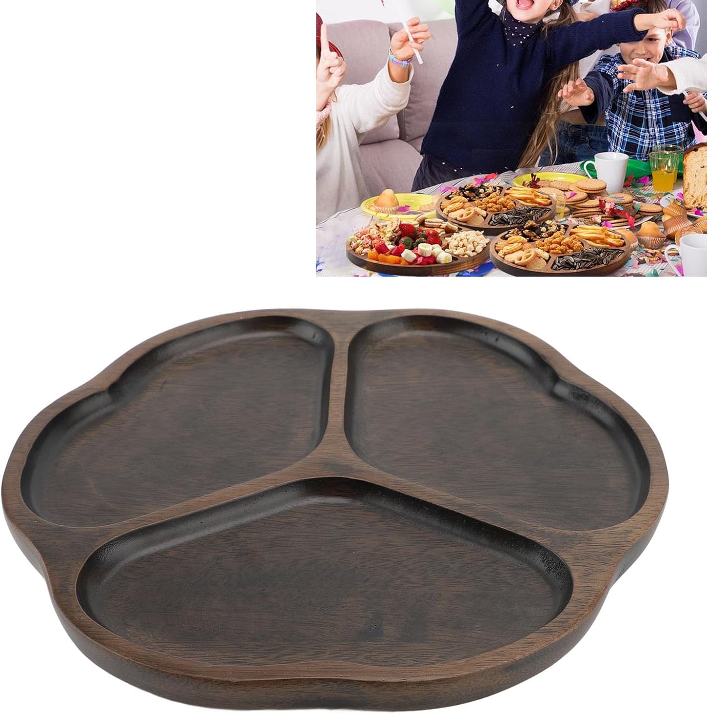Divided Serving Tray, 3 Compartments Appetizer Snack Dishes Decorative Wooden Serving Platters Chip and Dip Tray for Snack Nut Fruit Veggie