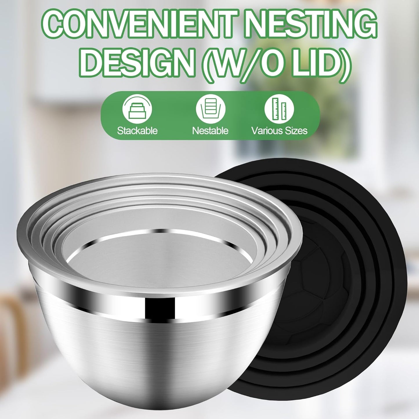 DUTZUN Mixing Bowls with Lids Set - 16pcs Stainless Steel Mixing Bowl Set with Colander, 3 Grater Attachments, Non-Slip Bottom, Metal Nesting Bowls with Strainer for Mixing & Serving - Black