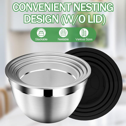 DUTZUN Mixing Bowls with Lids Set - 16pcs Stainless Steel Mixing Bowl Set with Colander, 3 Grater Attachments, Non-Slip Bottom, Metal Nesting Bowls with Strainer for Mixing & Serving - Black