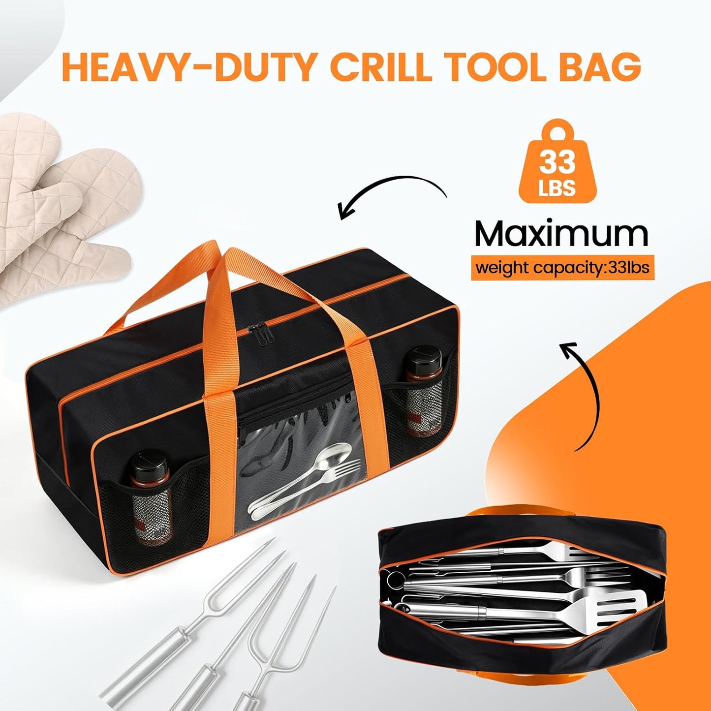 Grill Utensil Storage Bag, Large Capacity Grill Tool Storage Bag, Griddle Accessories Compatible with Blackstone, Perfect for Outdoor Grilling Accessory Storage (24", Black, Mesh Bag)