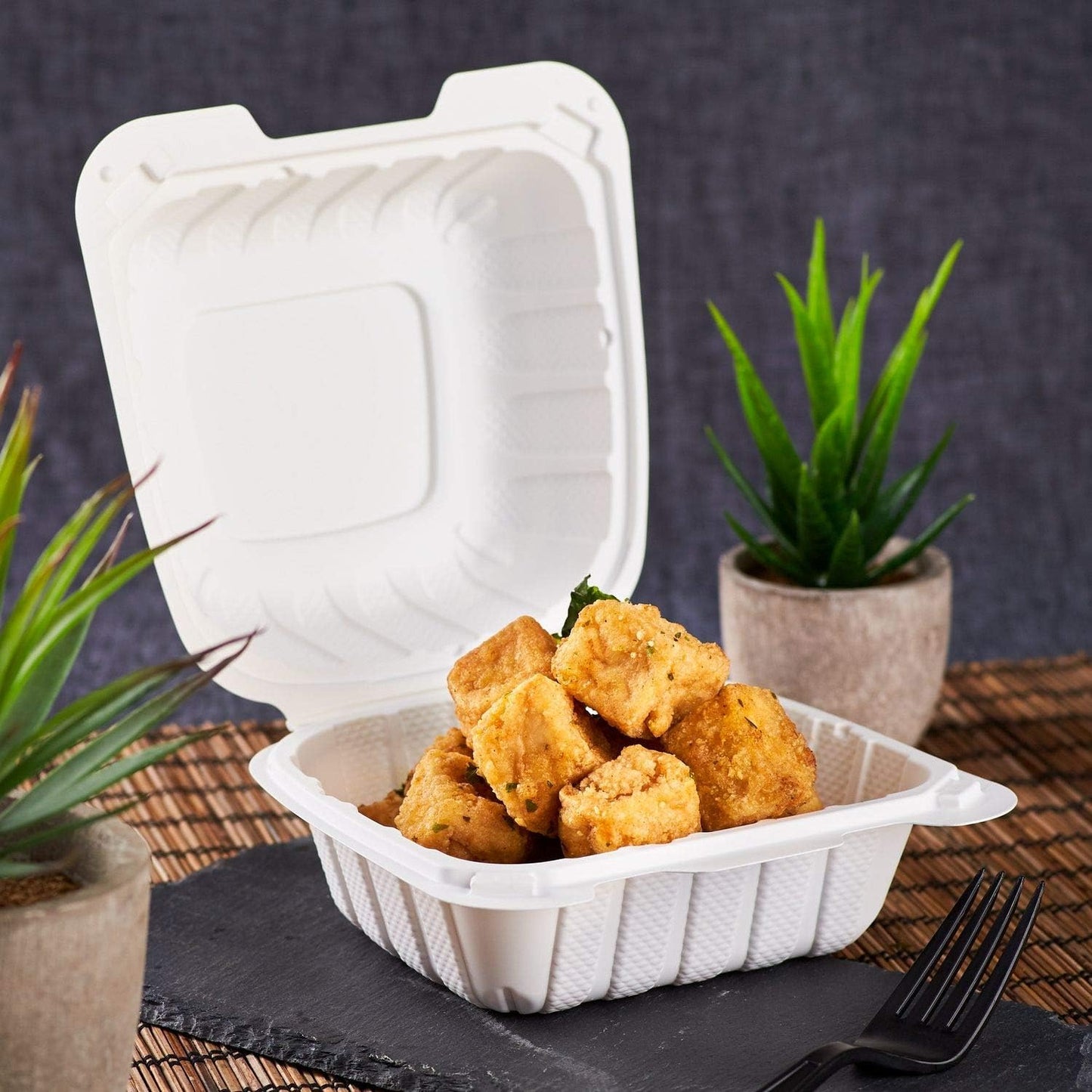 KARAT EARTH Clamshell Take Out Food Containers [8"x8" - 200 ct] To Go Containers | 3 Compartment, Soak-Resistant, Durable, Stackable | Vented for Hot/Cold Foods, White