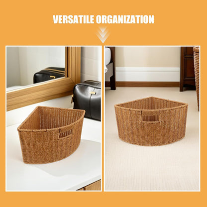 LABRIMP Weaving Triangle Corner Basket - Imitation Rattan Woven Bin 10 Inch for Wardrobe Cabinet Closet Kitchen Pantry & Bathroom - Fan Shaped Shelf Organizer for Fruits, Sundries, Makeup