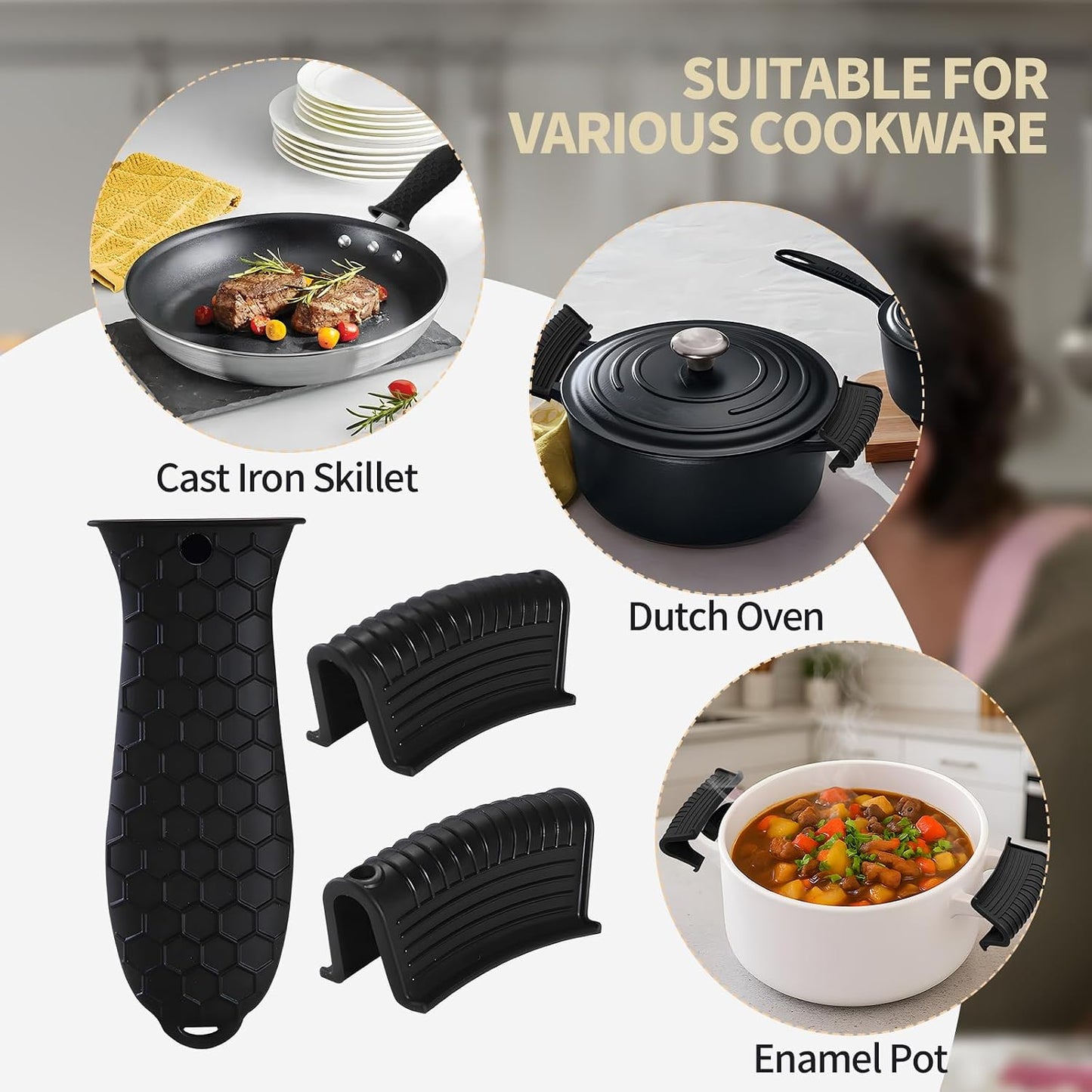 Cast Iron Skillet Handle Covers - 3 Pack Assist Pan Handle Sleeve Pot Holders, Heat Resistant Pot Handle Covers, Non-Slip Silicone Cast Iron Handle Grip for Cast Iron Skillet Metal Pan (Red)