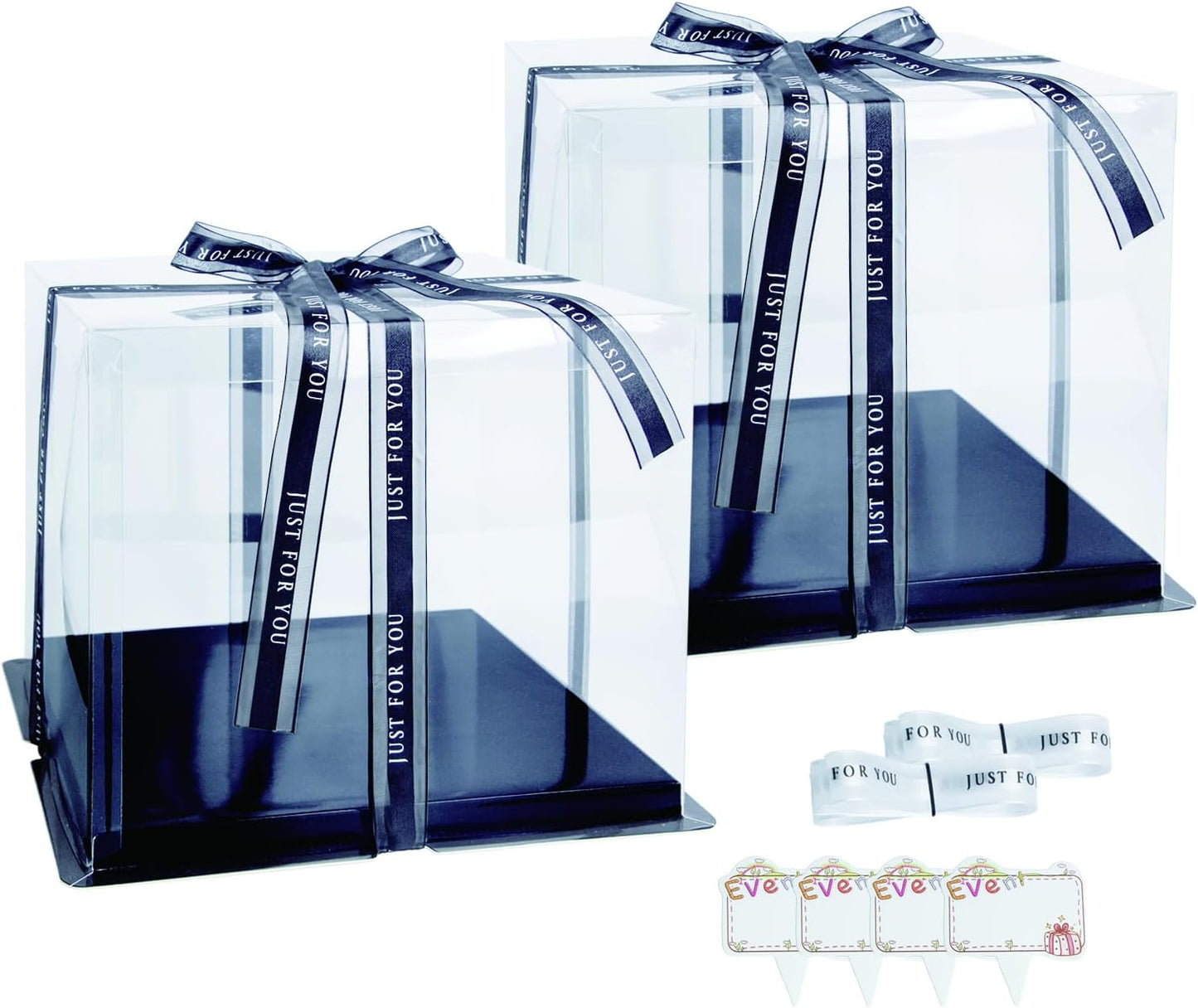 Clear Cake Box, 2 Pcs Transparent Cake Carrier Box with Lids, 4in PET Packaging Boxes with Ribbon Gift Card for Pastries, Clear Gift Boxes for Birthday, Wedding and Festival Party, Black.