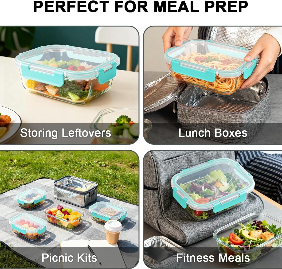KAMOTA Glass Food Storage Containers, 10 Pack Glass Meal Prep Containers, Airtight Containers with Snap-Lock Lids, 22 oz Grey Container Set with Lids, for Microwave/Oven/Freezer/Dishwasher