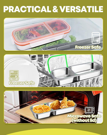 2Pack Stainless Steel Snack Containers for Kids Adults, Reusable 3 Compartment Snackle Box Container with Leakproof Lids Metal Bento Lunch Boxs Food Storage Containers for Travel Picnics Office School