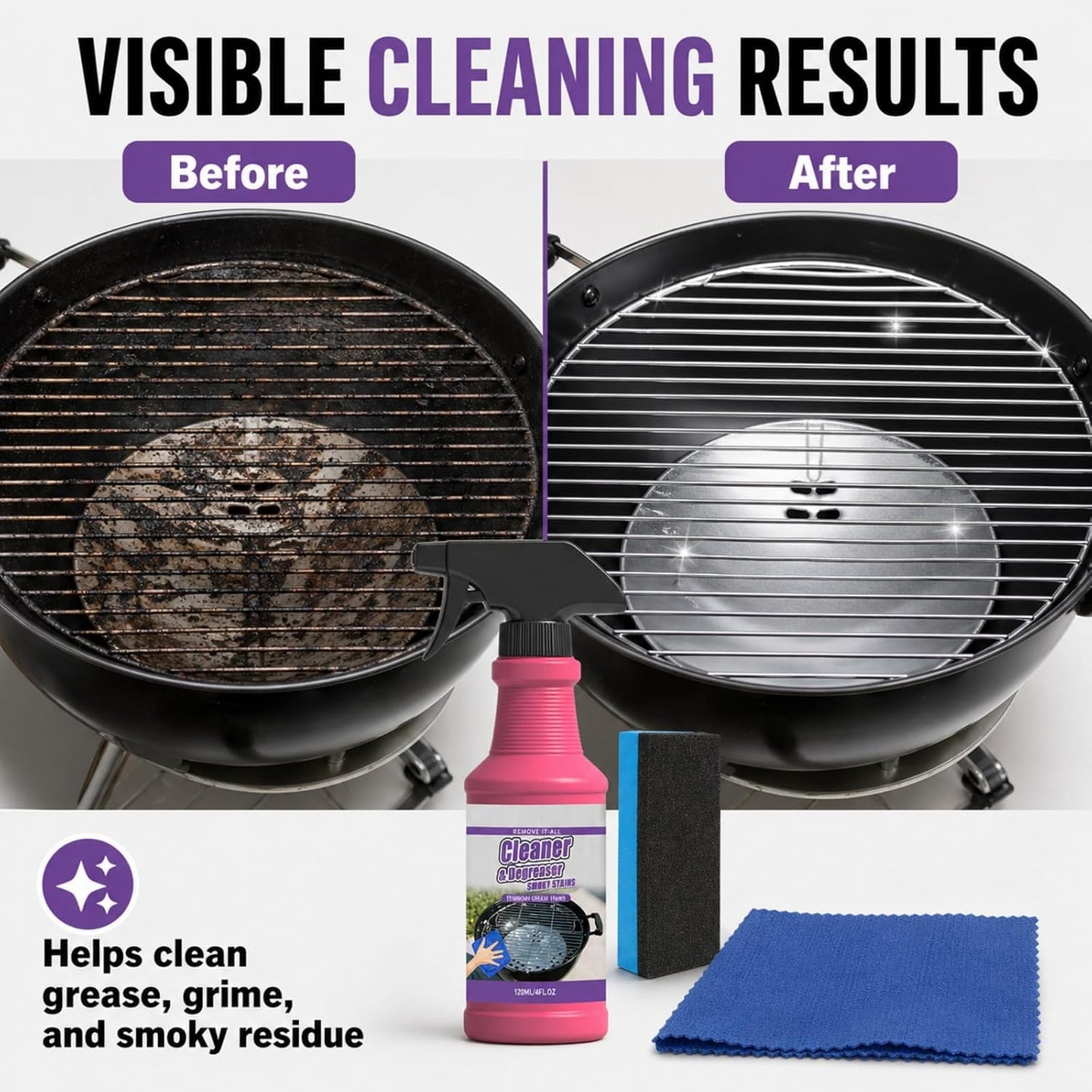 BBQ Grill Cleaner Spray, Heavy Duty Grill Degreaser for Grease, Burnt Food & Smoky Stains, Stainless Steel Cleaner for Outdoor Grill, Grates, Stove Top, Range Hood & Kitchen Surfaces, 120ml (2PCS)