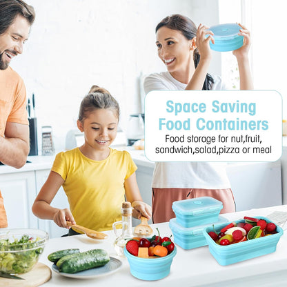 Yaomiao 16 Pack Collapsible Food Storage Containers with Lid Foldable 8 Pcs Rectangle Storage Bowl and 8 Pcs Round Silicone Food Bow for Lunch Rv Accessories Microwave Freezer Safe(Gray, Blue)