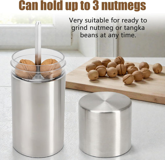 Nutmeg Grinder Mill with Storage Container – Professional Manual Hand Crank Stainless Steel Grater & Sharp Blade Whole Pepper Nut Chopper and Hard Spice Grinder for Ginger, Rock Salt, Peppercorn