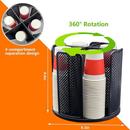 Paper Cup and Lid Holder, Rotatable Coffee Cup Dispenser fit 5-16oz Disposable Cups Organizer, Plastic Cup Storage Rack for Countertop, Coffee Shop, Station, Bar, Office,Kitchen, Black