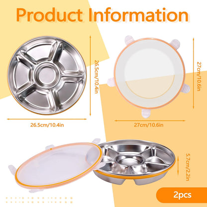 ASTIMESA Divided Serving Tray with Lid 6 Compartments, 10.4 Inch Stainless Steel Round Veggie Tray, Reusable Snack Box Container Fruit Platter Parties Fridge Food Storage Picnic (1 pcs)