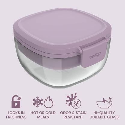 Bentgo Glass Salad Container - 7.6-Cup Salad Bowl with Airtight Lid, Leak-Proof Sauce Container, 4-Compartment Bento Tray & Reusable Fork - BPA-Free for Meal Prep, Office & More (Light Blue)