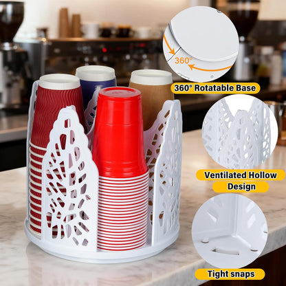 Rotating Coffee Cup Holder, Cup Dispenser with 4 Compartments, Plastic Cups Lid Organizer for Countertop, Coffee Station, Home, Office (white)