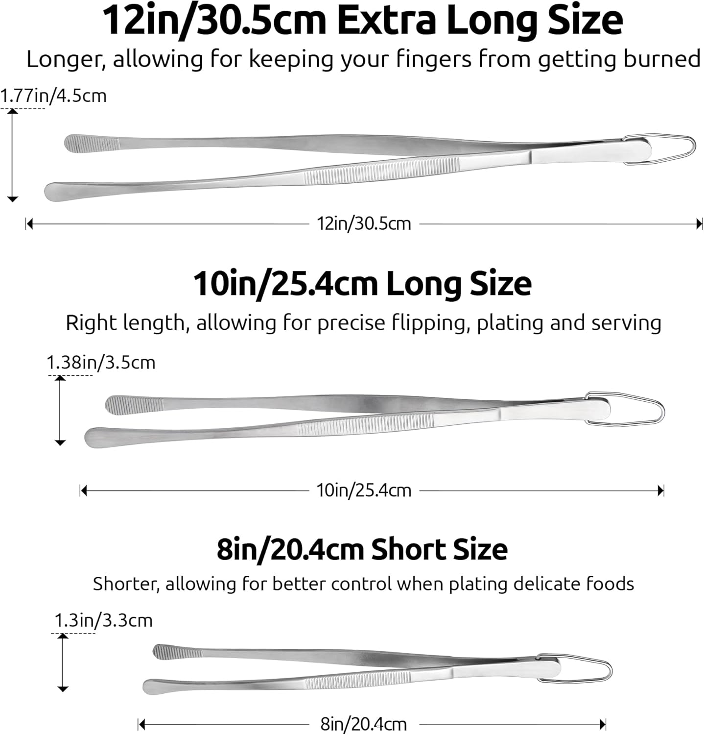 U-Taste 8"+10"+12" Kitchen Cooking Tweezer: 18/8 Stainless Steel Food-Grade Metal Food Tong, Flexible Pinching, Seamless-Welding and Sturdy for Serving Grilling Frying, Plating, Feeding (Pointed Tip)