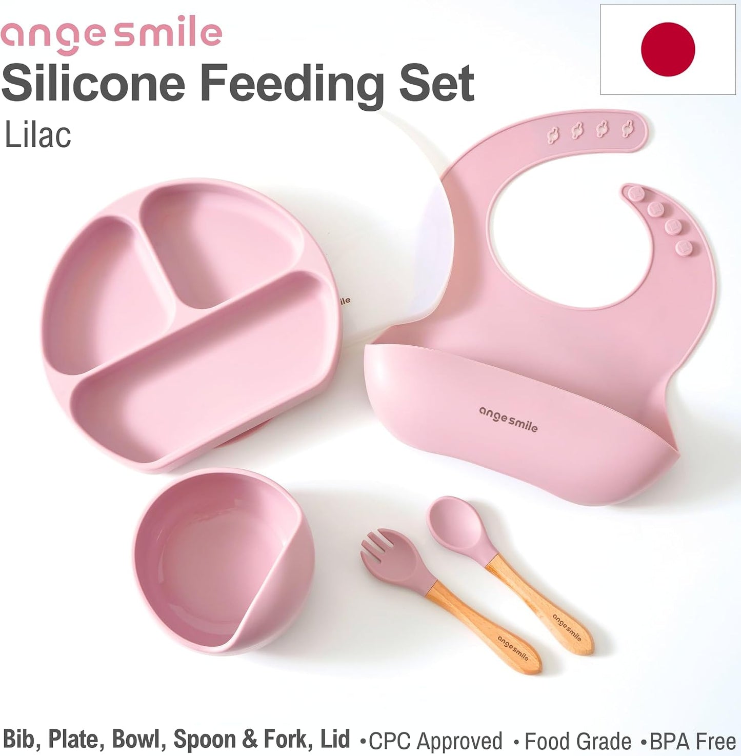 Baby Feeding Essentials Silicone Ange Smile 12 Set Bib, Baby Bowl, Suction Plate, Spoon, Fork Eating Utensils for 6+ Months Kids Toddler Kawaii (Pink)