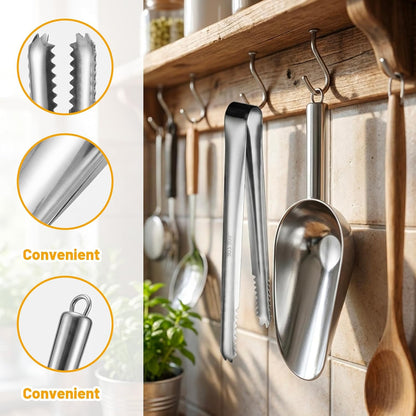 Ice Tongs for Ice Bucket and Ice Cube Scoop Set, 2-Piece Stainless Steel Ice Bucket Accessories for Freezer and Party Serving, Compact Storage with Metal Hanging Ring for Wall Mount or Bar Tools