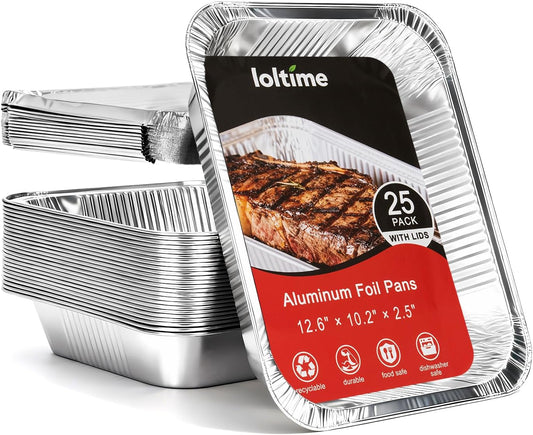Aluminum Pans Disposable Half Size (25Pack with lids) – 9x13 Heavy Duty Foil Pans, Durable & Recyclable Baking Pans, Table Trays, Great for BBQ, PCooking, Roasting, Heating