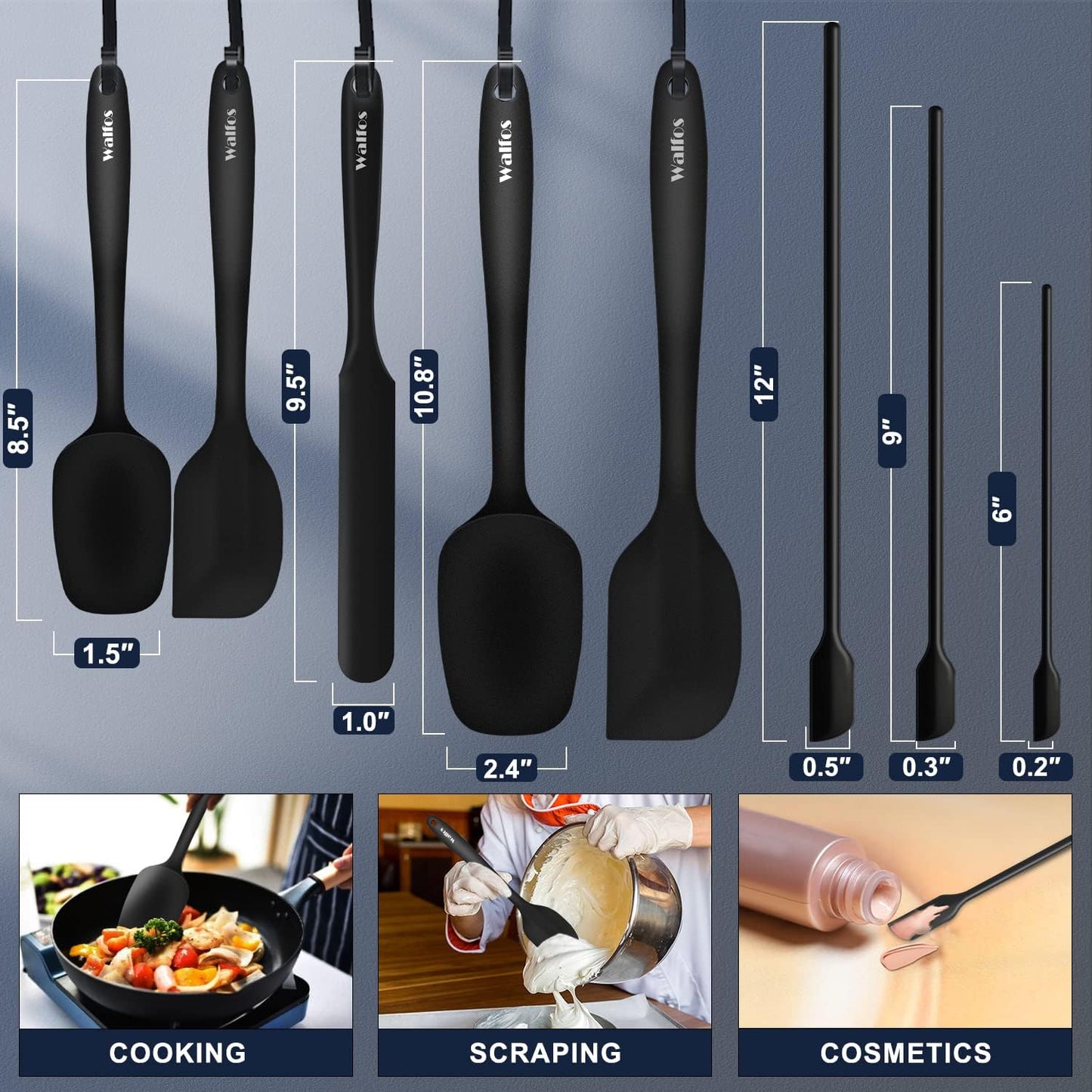 Walfos 600°F High Heat Resistant Silicone Spatula Set of 5- Food Grade Rubber Spatula Set for Baking Cooking & Mixing - BPA Free, Non Stick and Dishwasher Safe,black