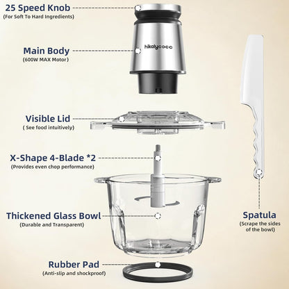 600W Food Chopper 8 Cup Glass Food Processor Meat Grinder