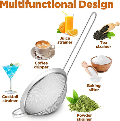 9 Packs 8.8 x 3.9 Inches Stainless Steel Fine Mesh Strainer Small Cocktail & Tea Strainer with Handle for Coffee, Juice, Powdered Sugar