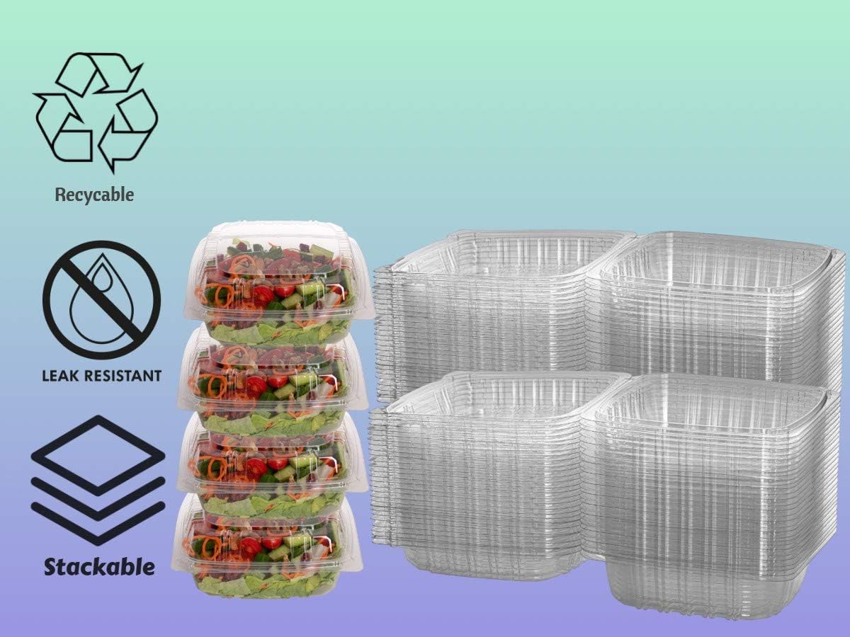 Smygoods Plastic Clamshell Food Containers, (Pack of 50-8x8x3 3/8) 3-Compartment, to go Containers, Hinged Food Container