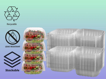 Smygoods Plastic Clamshell Food Containers, (Pack of 50-8x8x3 3/8) 3-Compartment, to go Containers, Hinged Food Container