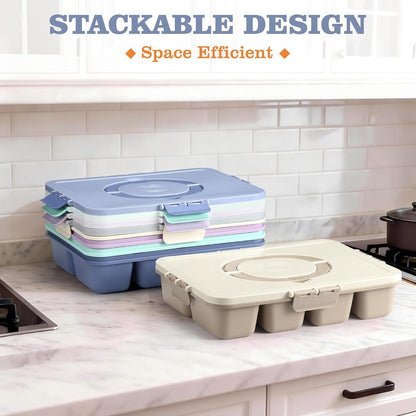 Snackle Box Container, Divided Serving Tray with Lid and Handle, 9 Compartments Snack Box Container for Adults, Portable Charcuterie Serving Platter for Candy Fruit, 9.9 Cups, White Grey