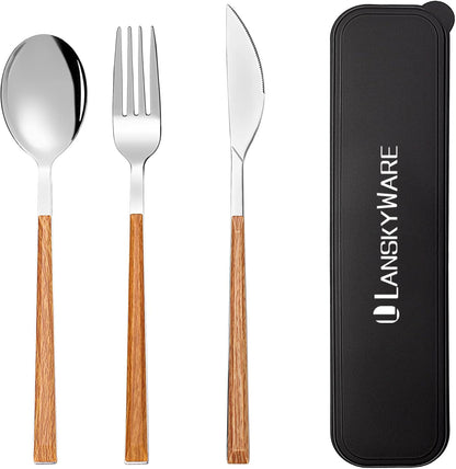Portable Travel Utensils Set, 18/8 Stainless Steel 3 PCS Cutlery Set Including Knife Fork and Spoon, Reusable Travel Silverware Set with Case for Lunch Box Camping School Office