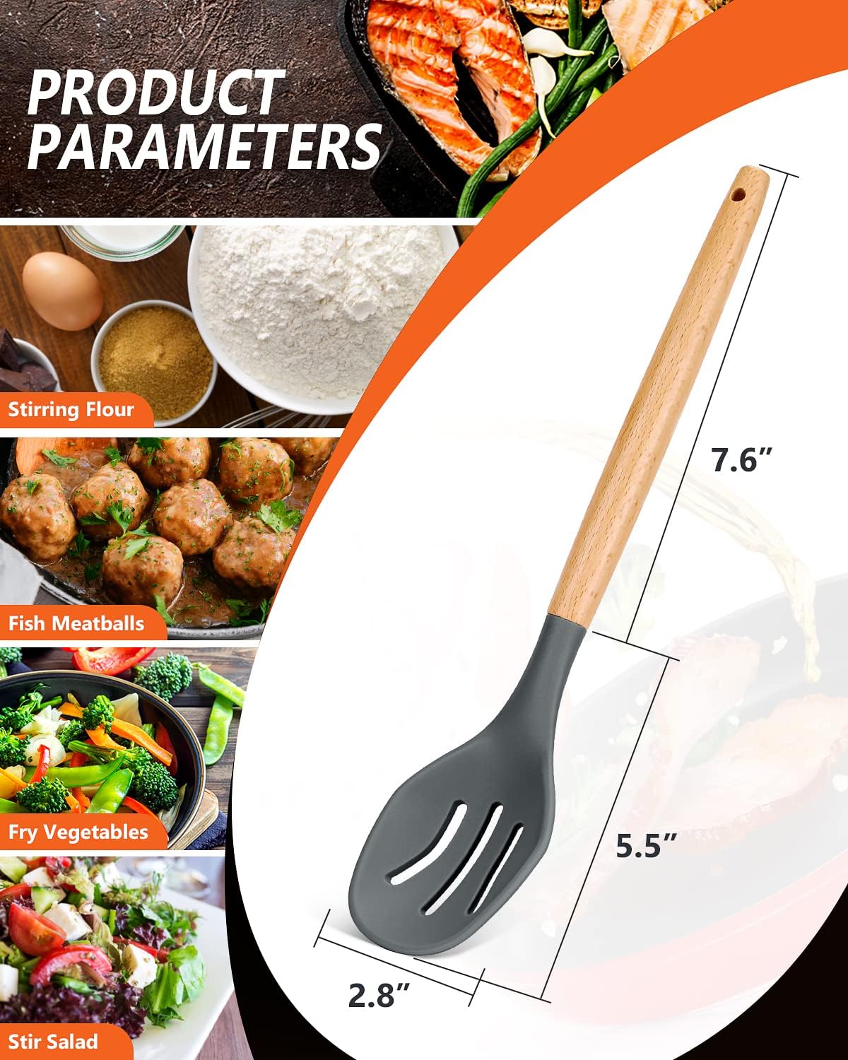 Large Silicone Cooking Spoons, 2 Pack Nonstick Solid and Slotted Wooden handle Spoon Set, Heat Resistan Silicone Kitchen Spoons for Cooking, Serving, Basting, Mixing (Khaki)