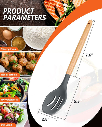 Large Silicone Cooking Spoons, 2 Pack Nonstick Solid and Slotted Wooden handle Spoon Set, Heat Resistan Silicone Kitchen Spoons for Cooking, Serving, Basting, Mixing (Khaki)
