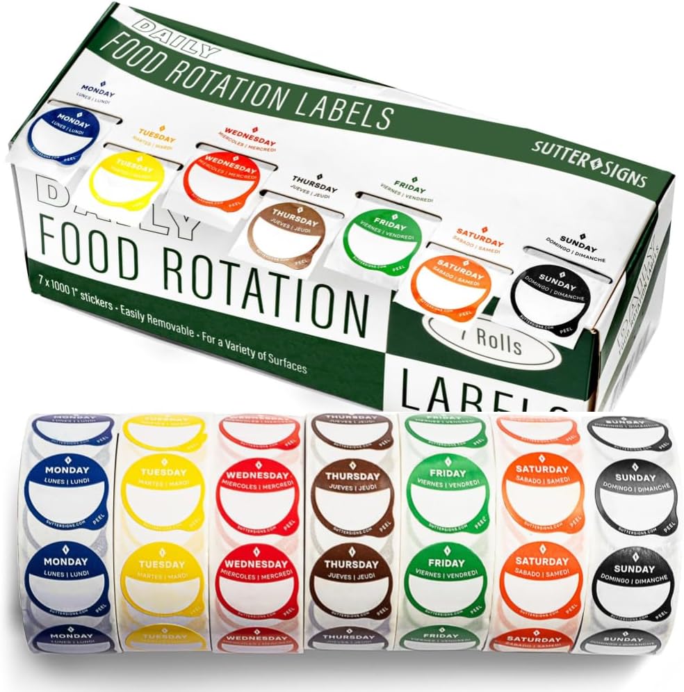 Date Stickers for Food - Day of the Week Day Dots Removable Food Labels, 1" Date Dot Stickers for Food Containers, 7000 Labels with Dispenser Box