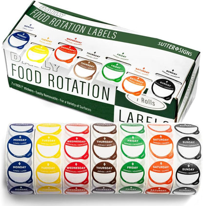 Date Stickers for Food - Day of the Week Day Dots Removable Food Labels, 1" Date Dot Stickers for Food Containers, 7000 Labels with Dispenser Box