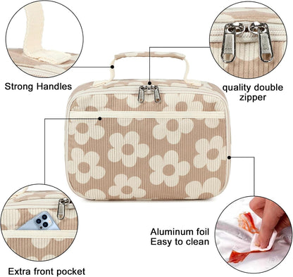 Bluboon Insulated Lunch Bag for Girls & Boys, Corduroy School Lunch Box with Cooler & Organizer Compartments, Leak-Proof Lunch Tote for School, Travel (Corduroy Strawberries Beige)