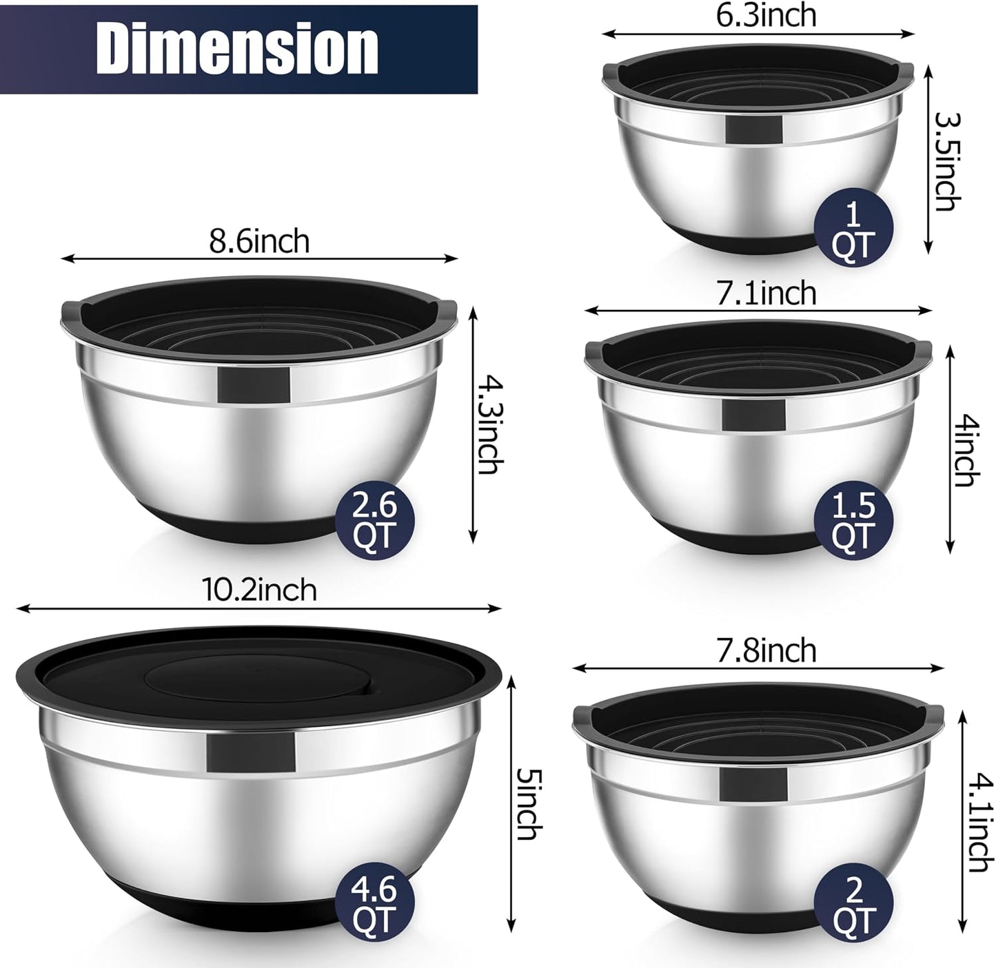 E-far Stainless Steel Mixing Bowls with Lids Set, 5-Piece Nesting Salad Bowls with 3 Grater Attachments and Non-Slip Bottoms, Size 4.6, 2.6, 2, 1.5, 1QT for Kitchen (Khaki)