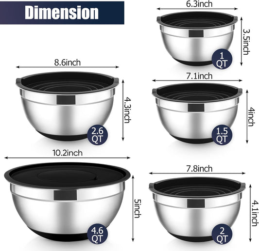E-far Stainless Steel Mixing Bowls with Lids Set, 5-Piece Nesting Salad Bowls with 3 Grater Attachments and Non-Slip Bottoms, Size 4.6, 2.6, 2, 1.5, 1QT for Kitchen (Khaki)