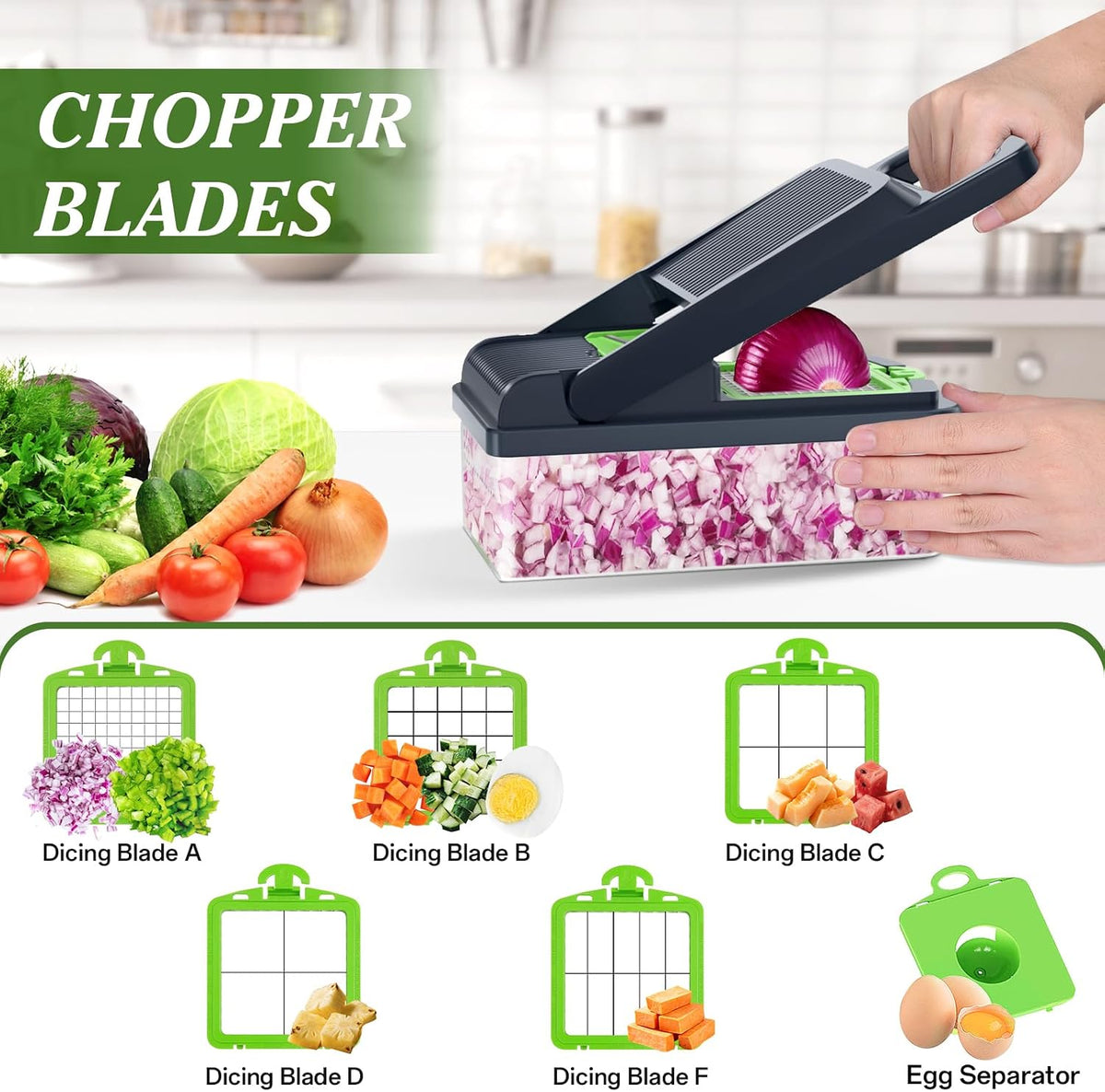 HomeHacks Veggie Chopper Vegetable Cutter, 12 in 1 Kitchen Gadget, Green