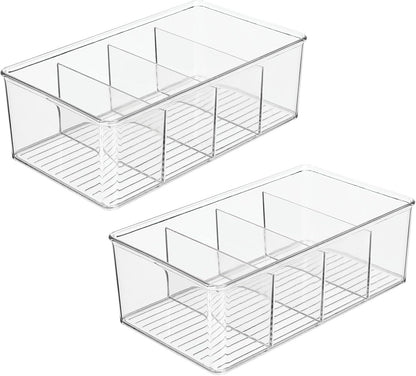 mDesign Plastic Divided Bin Storage Containers - Perfect for Fridge, Cabinet, Pantry, and Home Organization - Clear - Refrigerator Organizers - Ligne Collection - 2 Pack, Clear
