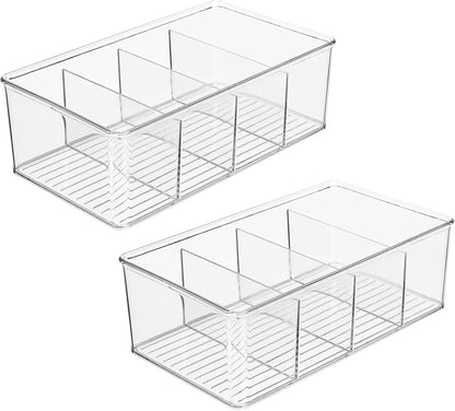 mDesign Plastic Divided Bin Storage Containers - Perfect for Fridge, Cabinet, Pantry, and Home Organization - Clear - Refrigerator Organizers - Ligne Collection - 2 Pack, Clear