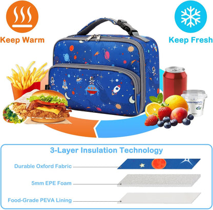 FlowFly Kids Lunch box Insulated Soft Bag Mini Cooler Back to School Thermal Meal Tote Kit for Girls, Boys, Astronaut - Colors B