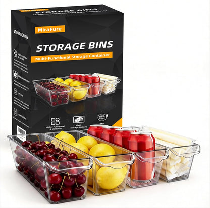 8 Pack Slim Storage Bins, BPA Free Clear Plastic Organizer Bins with Handles, Narrow Refrigerator & Pantry Organization Containers for Kitchen, Bathroom, Cabinet, Home & Office Declutter