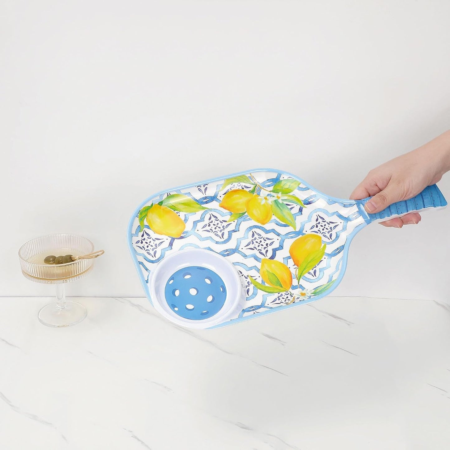 UPware Flamingo Melamine Chip and Dip Snack Tray, Tropical Floral Pickleball Paddle Shape Platter for Chips, Salsa, Fruits, and Appetizers, 15.75 x 8 Inch