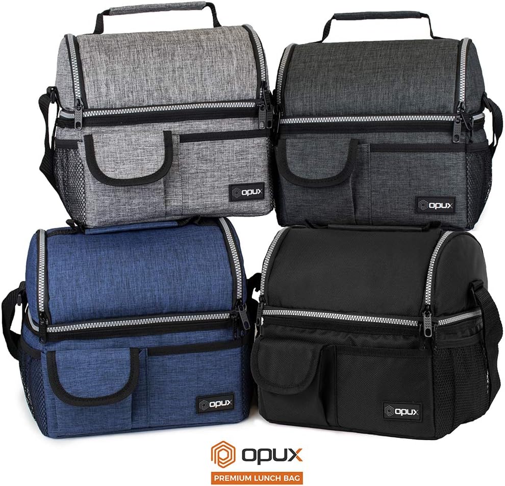 opux Insulated Lunch Bag Women Men, Dual Compartment Leakproof Lunch Box Adults Kids, Double Decker Meal Prep Bento Lunch Cooler Tote with Shoulder Strap for Work Office School Travel, Floral Purple